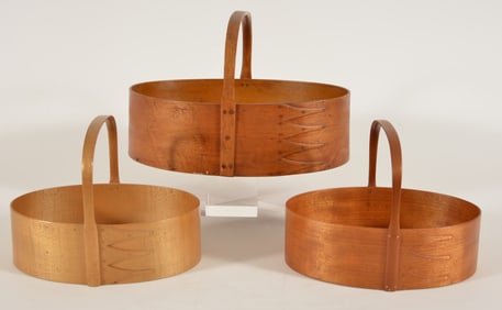 3 Shaker handled oval open sewing boxes, maple and pine. Two smaller contemporary small and one mid