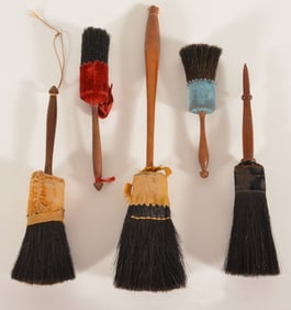 5 Shaker brushes, turned maple handles with black horsehair bristles and wrapped with velvet or