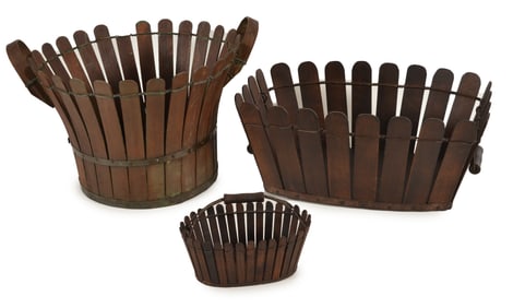 3 Shaker picket fence gathering baskets, 20th Century. Including a round with splint handles and