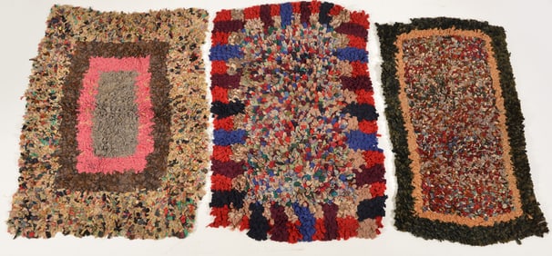 3 Shaker rag rugs in assorted patterns. 27 x 40 in, 21 x 36 in, 28 x 41 in