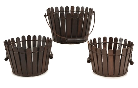 3 Graduate Shaker picket fence miniature circular gathering baskets with wirework handles, 20th