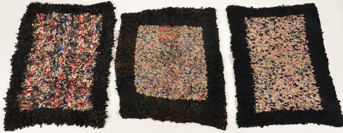 3 Shaker rag rugs with black borders in assorted patterns. Two at 26 x 38 in, 27 x 36 in