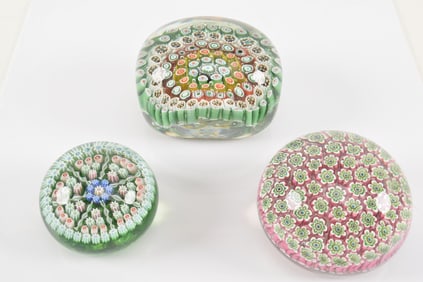 Lot of 3 carpet ground glass paperweights. 1 unusual rectangular form. Largest 3.75 x 2.75in.