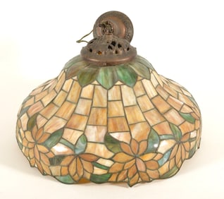 Antique hanging leaded glass shade with floral pattern. Heavy bronze mount. 3 lights. 22.5in