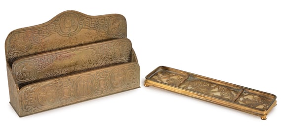 2 Tiffany Studios desk items with Dore patination. Including a Zodiac pattern 2 tier letter holder