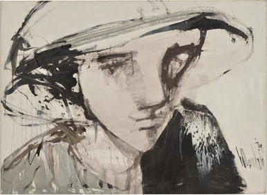 Gino Hollander. Mixed media on canvas of a figure wearing a hat. Signed and dated '79 lower right.