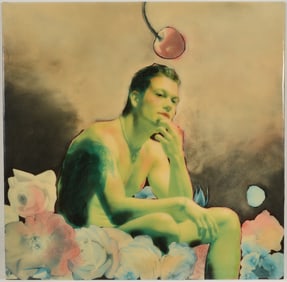 Emmett McDermott. American. Mixed media collage of a seated figure surrounded by flowers and a