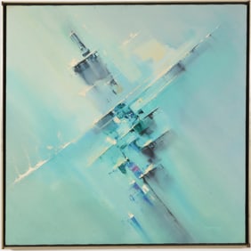 Jose Luis Campuzano. America/Spain. Abstract modernist composition in blue and white colors. Oil on