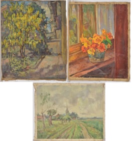 3 early 20th century Russian school impressionist paintings. Signed and dated lower right. Unframed,