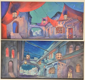 Andrei Hudiakoff. 1930 and 1936 original theatrical stage set design watercolors. Red roof scene
