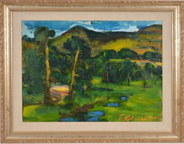 Boza Kovacevic. Serbia. Landscape painting with trees and mountains. Oil on canvas. Signed and dated