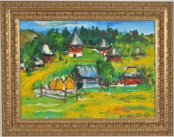Boza Kovacevic. Serbia. Landscape painting of a village. Oil on canvas board. Signed and dated lower