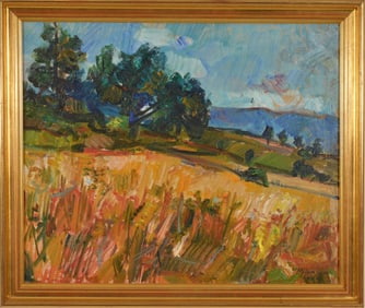Milun Mitrovic. Serbia. Modern impressionist landscape with fields and mountains. Oil on canvas.