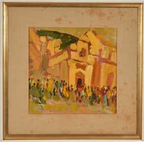 Aleksandar Jeremic-Cibe. Serbia. Figures in a town. Mixed media on board. Signed and dated '70 lower