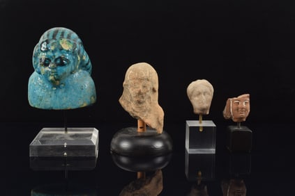 4 antiquities. 3 Egyptian, 1 large blue faience. 4in high.