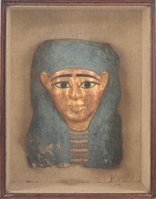 Cartonage mummy mask. Ptolemaic period, 2nd century BC. Mask approximately 13 x 8in. Sealed in