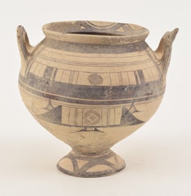 Ancient Greek Mycenaean krater pottery vessel. Dark brown geometric decoration. Losses consistent