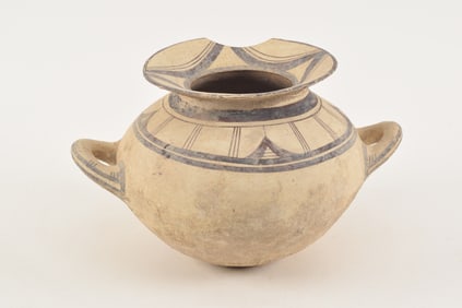 Ancient Greek Mycenaean handled pottery vessel. Dark brown geometric decoration. Loss and repairs.