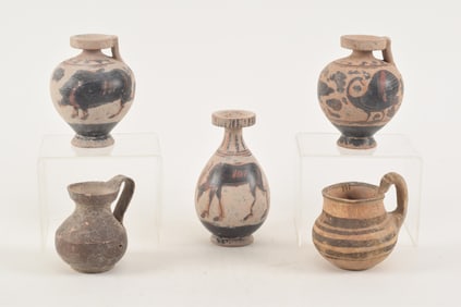 Lot of 5 ancient and ancient style pottery vessels, some with animal decoration. Largest: 5.5in
