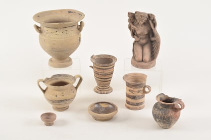 Large lot of ancient and ancient style pottery items, including krater, wine jug and cups, figural