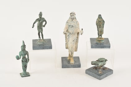 5 ancient or ancient style bronze figures. Largest: 10.5in high.