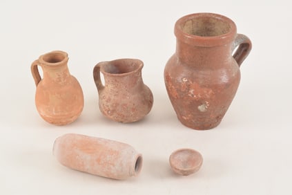 5 early ceramics. 4 jars and a small cup. Largest 7in.