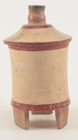 Effigy jar. Mayan. 7th century A.D. Yucatan. Slightly flaring cylindrical. Red and orange banding