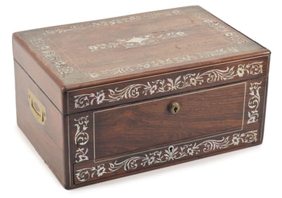 Rosewood and mother of pearl inlaid fitted jewelry box, mid 19th Century. With line and floral
