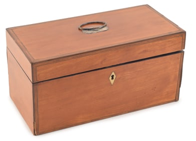 Hepplewhite satinwood and string inlaid tea caddy with crystal mixing bowl and two tea boxes, early