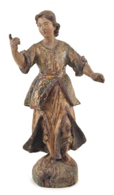 Antique Spanish Colonial carved wood, gilt and polychrome figure. Minor losses expected with age.