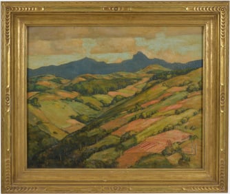 C. Crosby Allen. American. 1930 Puerto Rico landscape with hills and mountains in the distance. Oil