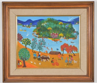 Lia Mittarakis. Brazil. 1980. "Illa de Paqueta, Rio de Janeiro". Folk art coastal landscape with