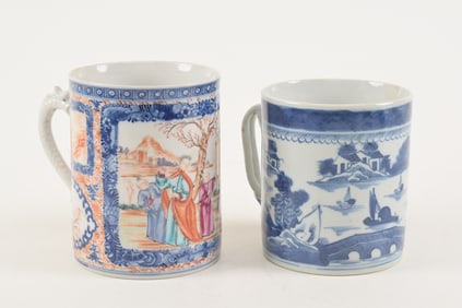 Two porcelain mugs. Chinese export ware. 19th century. 5.5 and 4.75in.