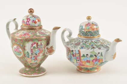 [2] export coffee pots. China. 19th century. Rose medallion and rose mandarin ware. 10 and 9in.