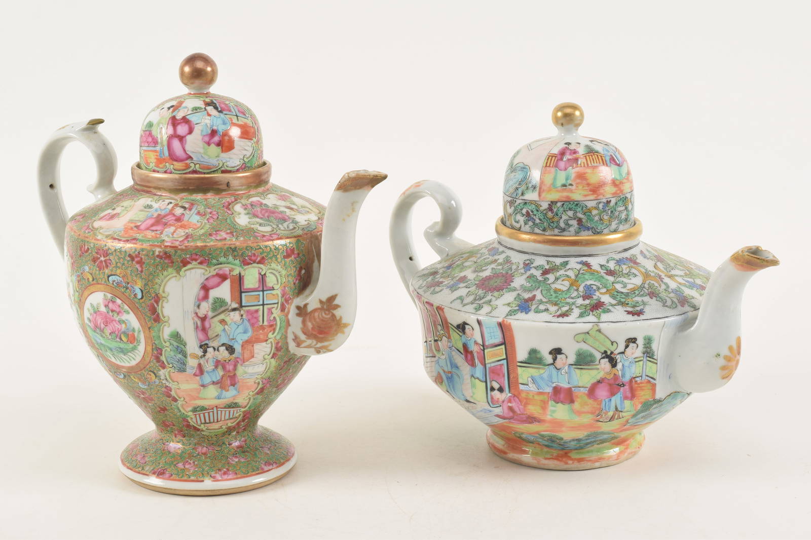 [2] export coffee pots. China. 19th century. Rose medallion and rose mandarin ware. 10 and 9in.