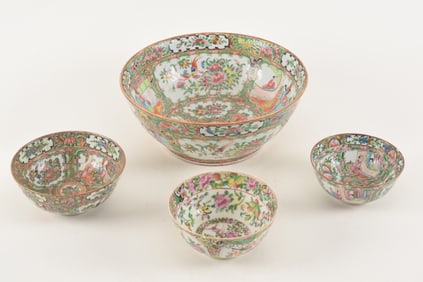 Lot of 4 rose medallion bowls. China. 19th century. Largest 10.75in diameter.