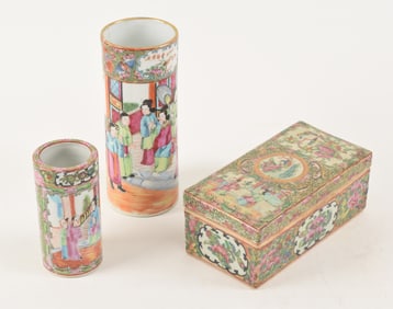 Lot of 3 pieces of rose medallion. China. 19th century. 2 brush pots and a box. 7.75, 5, and 7.25in.