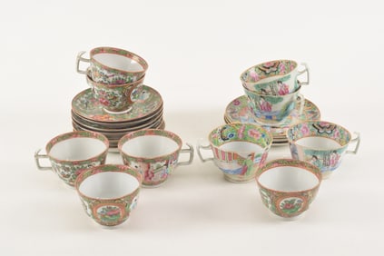 Lot of 10 rose medallion cups and 10 saucers. China. Mid 19th century.