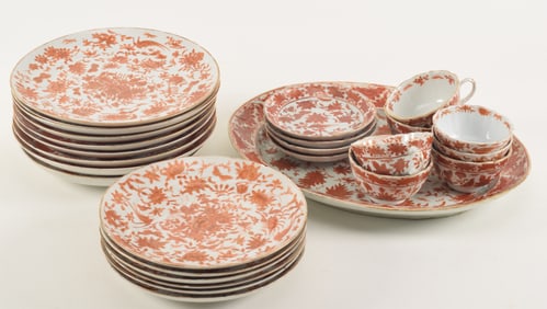 Lot of Chinese export porcelain. Orange sacred bird and butterfly pattern. Including an oval