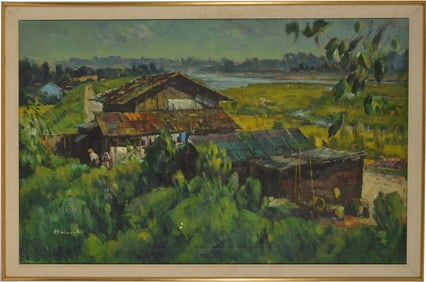 Early 20th century Philippines school large impressionist landscape in the Western style. Figures by