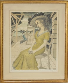 Paul Delvaux. "Anne Songeuse". Color lithograph. Signed lower right. Numbered 5/75 lower left.