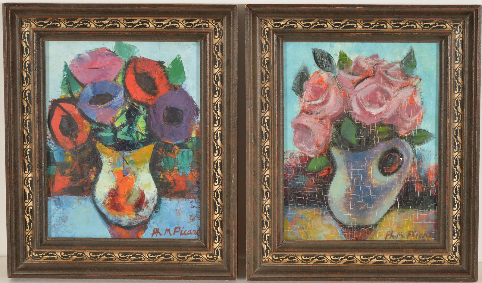 Philippe Marie Rene Picard. French. 2 floral still life paintings. Oil on canvas. Signed lower (1 of 6)