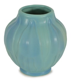 Van Briggle art pottery Arrow Root decorated large vase in blue-green glaze, incised mark on base