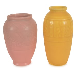 2 Rookwood art pottery vases with incised marks. Peach vase with incised floral band, dated 1939, #