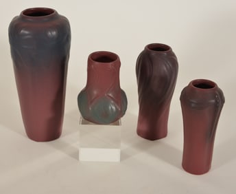 4 Van Briggle art pottery vases in mulberry glaze with incised marks. Including an onion bulb vase,