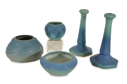 5 Van Briggle art pottery items in blue-green glaze with incised marks. Including a pair of 10 inch