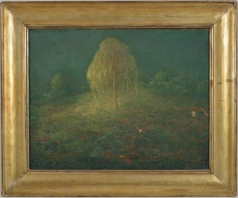 Early 20th century surreal landscape. Signed lower left. Oil on canvas. Framed. Sight: 16 x 20in.