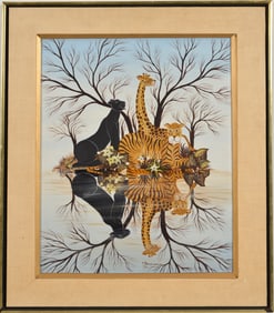 Yannis Amoryanos. "Island of Flirt". 1974. Jungle animals at the water's edge. Oil on board. Signed