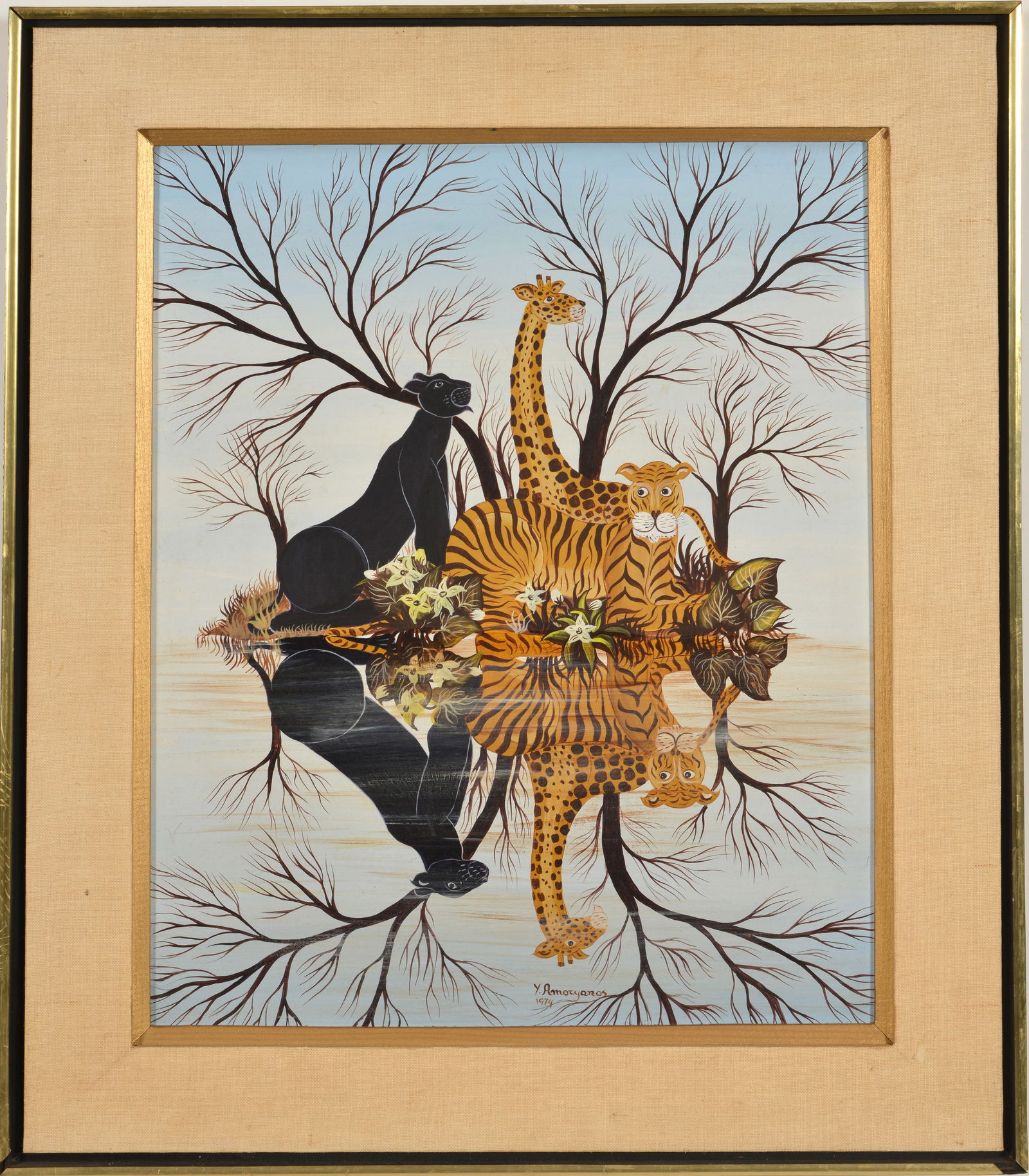 Yannis Amoryanos. "Island of Flirt". 1974. Jungle animals at the water's edge. Oil on board. Signed (1 of 10)