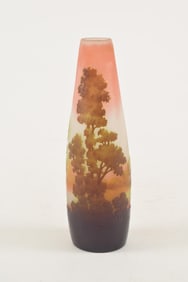 Galle cameo art glass vase. Forest and lake landscape decoration. Signed on side.